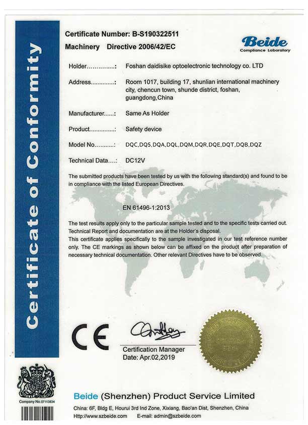 CE certification for export of DAIDISIKE safety products to the European Union