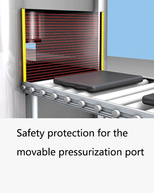 Light curtain guarding the feed area of a press, stopping the ram before hands reach the danger zone