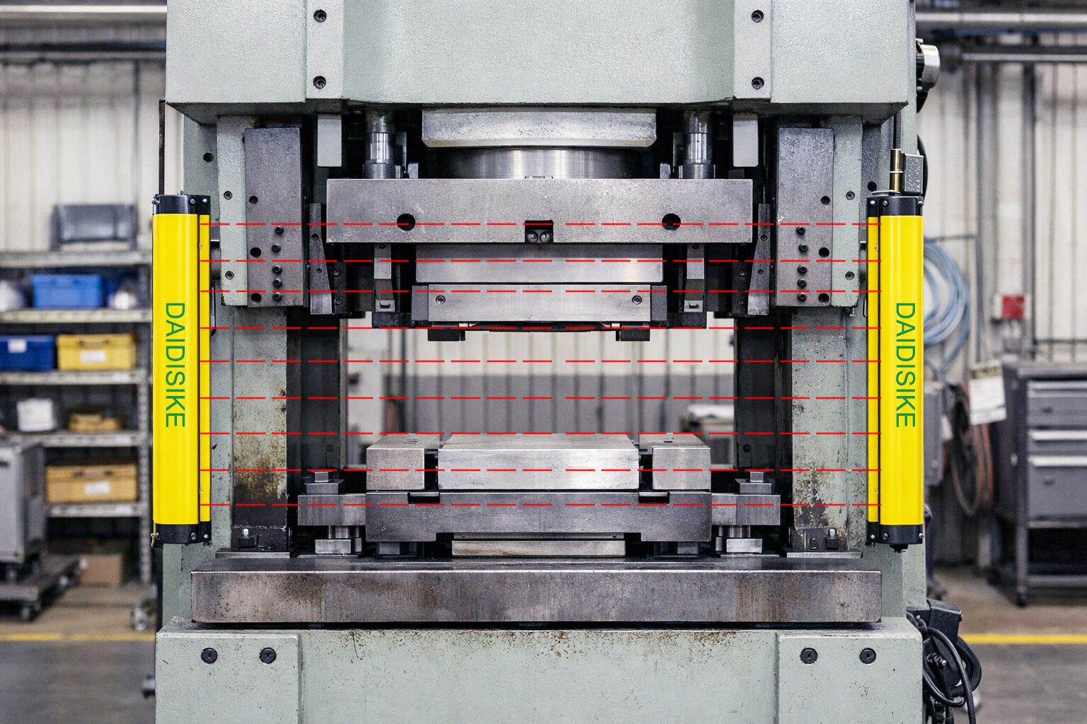 Modern safety light curtain installed on an industrial automation line