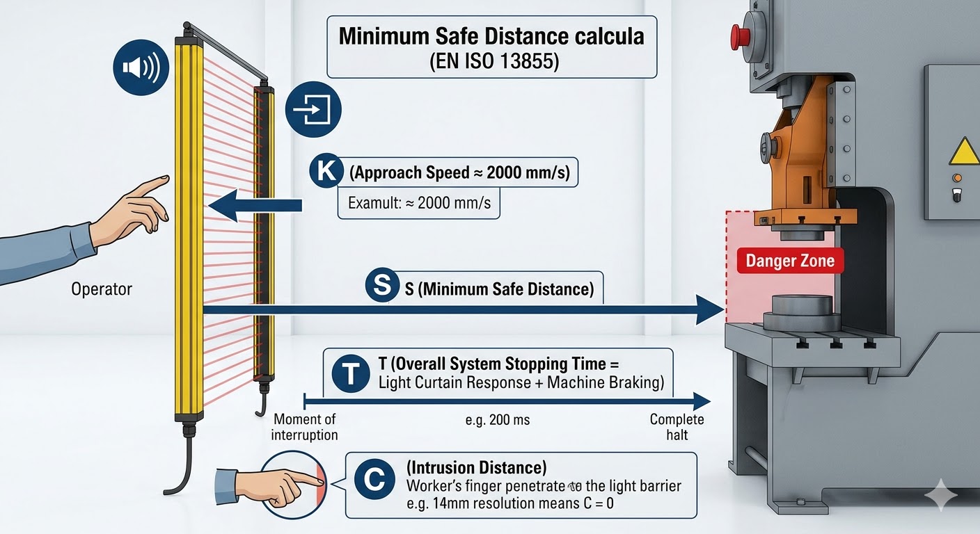 ISO 13855 Minimum safe distance calculation for safety light curtains