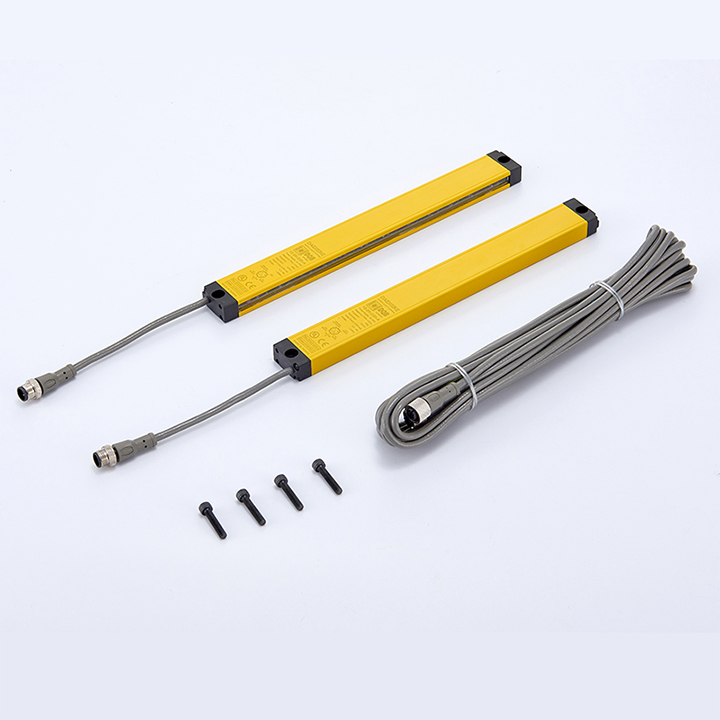 DQB safety light curtain set contents: emitter, receiver, cable and mounting screws