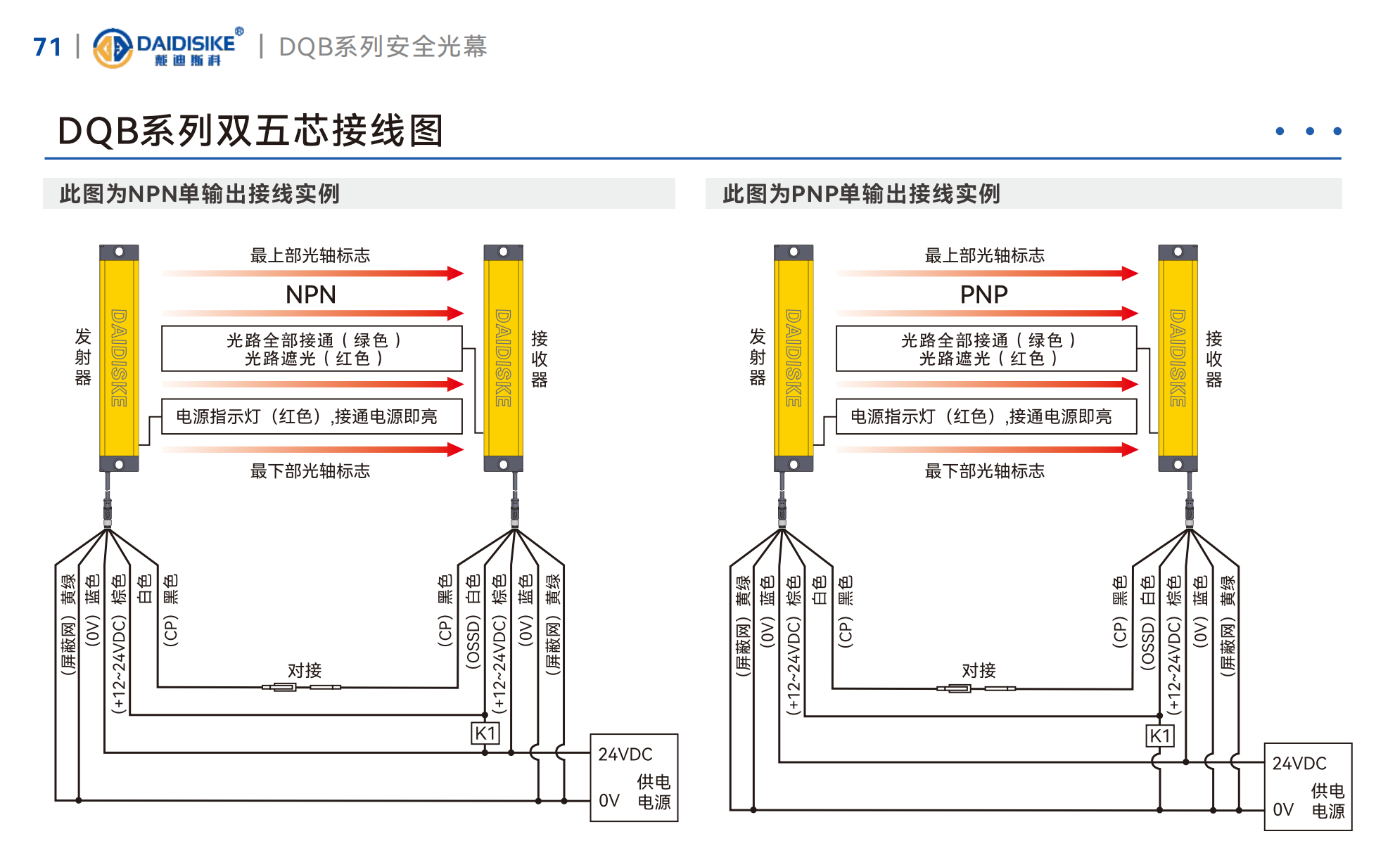 DQB dual 5-core wiring diagram showing NPN and PNP single-output examples with 24 VDC supply