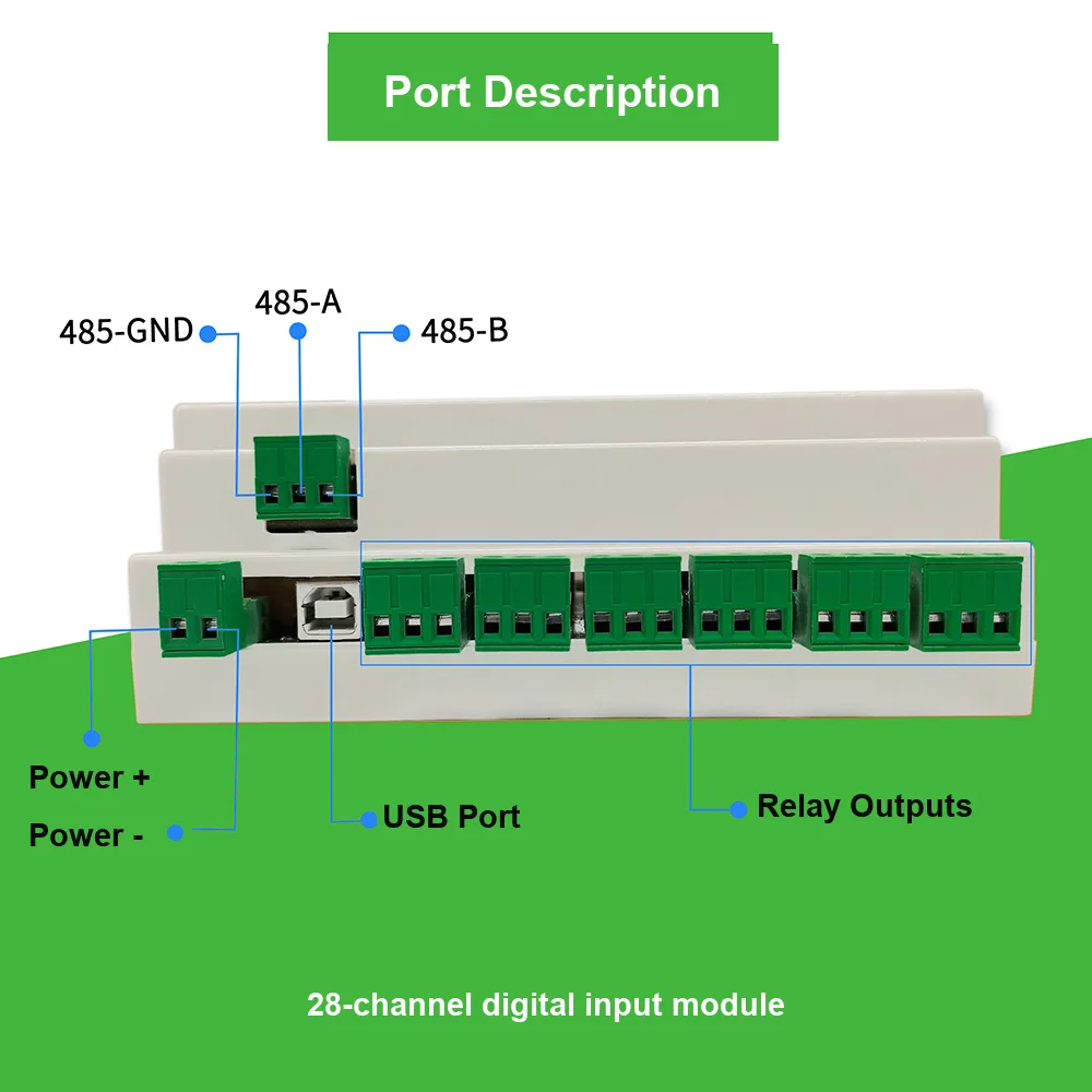 D3J0128 28-channel Modbus digital input module port description: RS-485 A/B/GND terminals, power terminals, USB port and terminal blocks