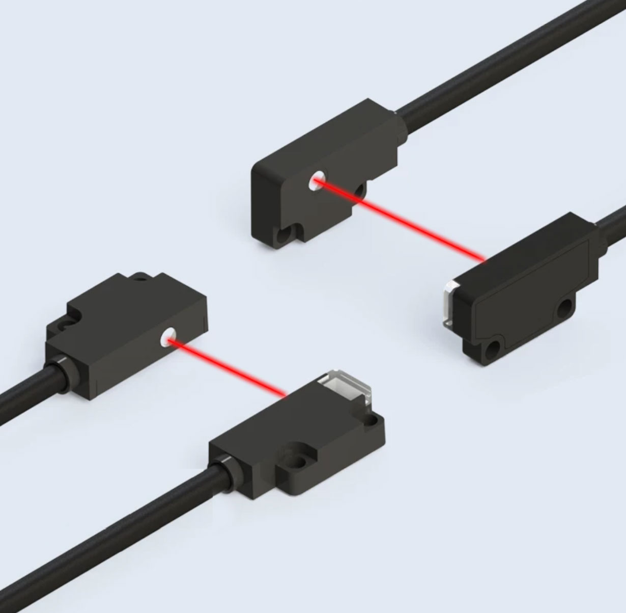 Two DX ultra-thin through-beam sensor pairs shown together, one front-sensing pair and one side-sensing pair, each with a red beam between emitter and receiver