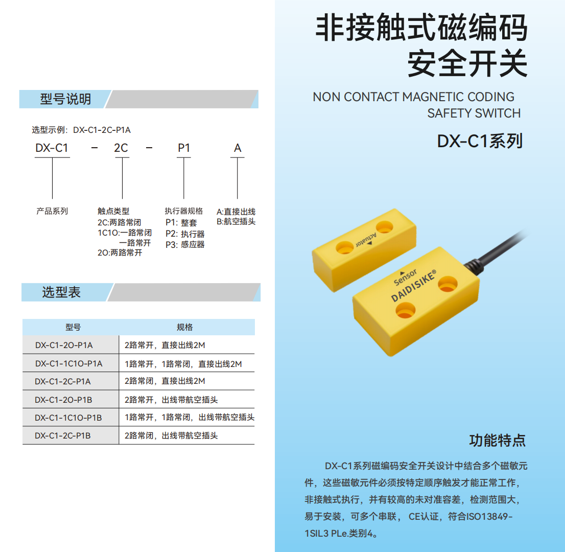 DX-C1 coded magnetic safety interlock switch — yellow sensor and actuator pair with model selection table