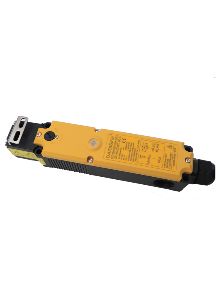DX-W2 guard locking switch side view showing rating label and M20 conduit boss
