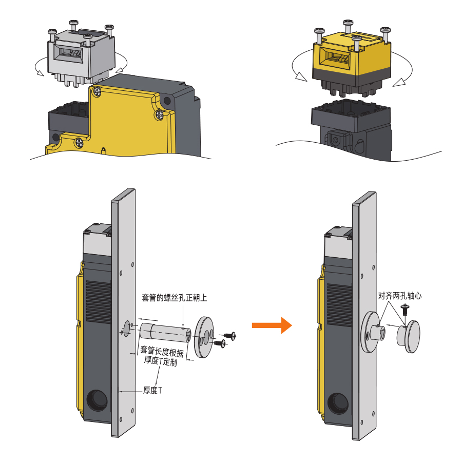 DX-W2 installation diagram — rotating the switch head for different key entry directions and fitting the rear manual unlock sleeve through the guard panel