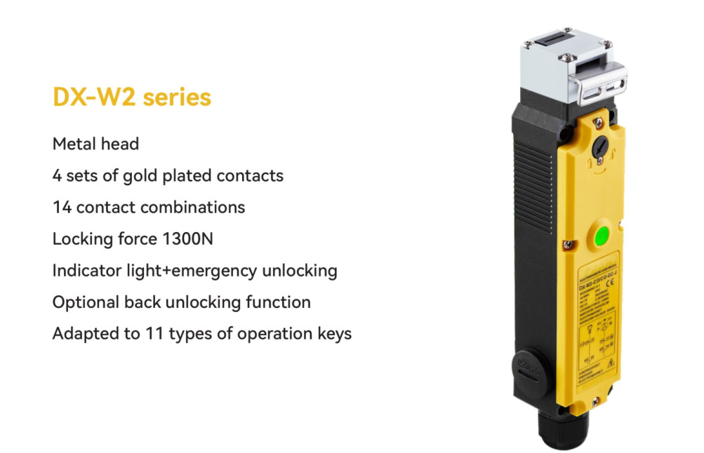 DX-W2 series features — metal head, 4 sets of gold plated contacts, 14 contact combinations, 1300 N locking force, optional back unlocking