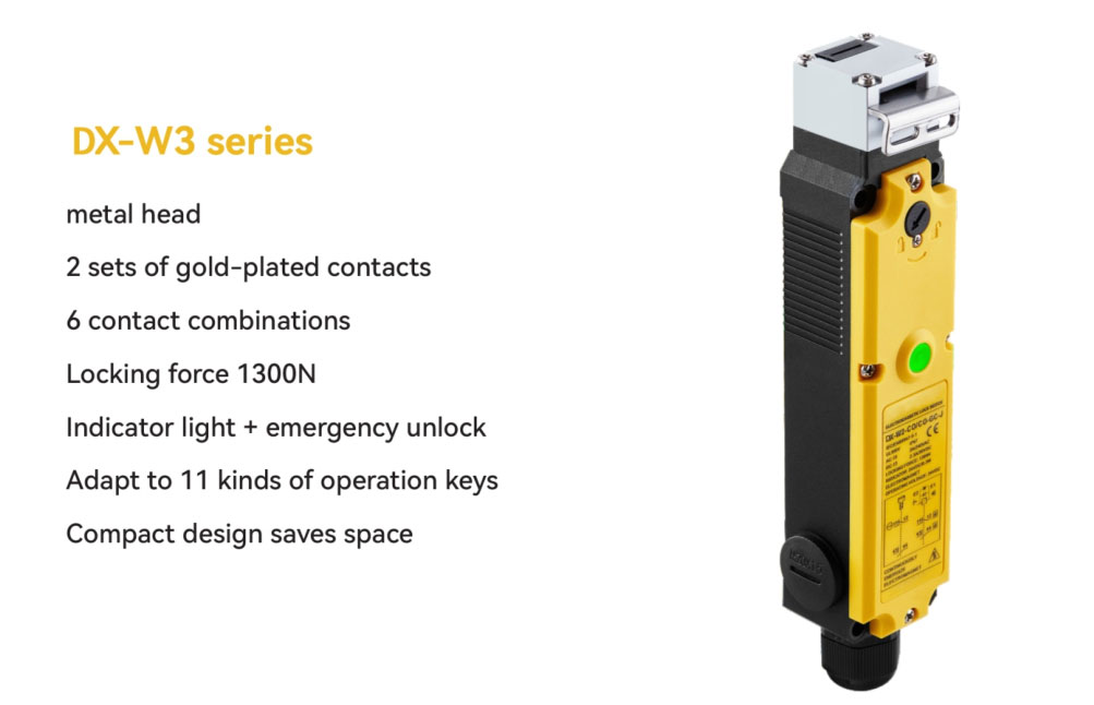 DX-W3 series compact guard locking switch — metal head, 2 sets of gold-plated contacts, 1300 N locking force