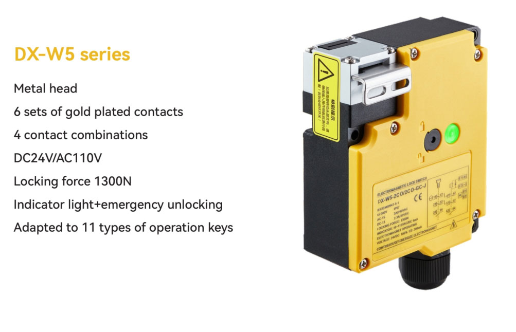 DX-W5 series features — metal head, 6 sets of gold plated contacts, 4 contact combinations, DC24V/AC110V, locking force 1300 N, indicator light and emergency unlocking