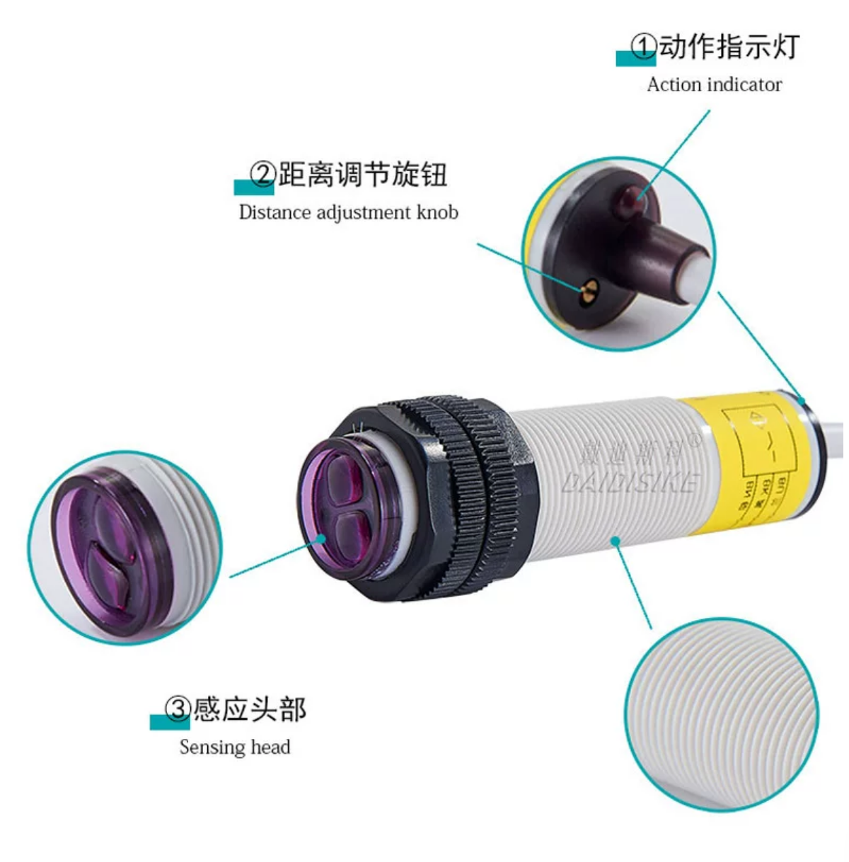 JNS18 JNK18 sensing head detail showing action indicator and distance adjustment knob