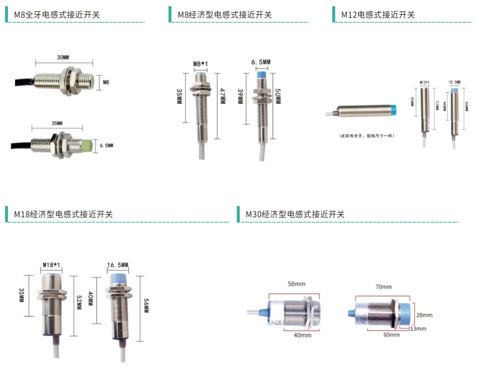 Dimension drawings of JNX/JNS economy inductive proximity switches in M8, M12, M18 and M30 sizes