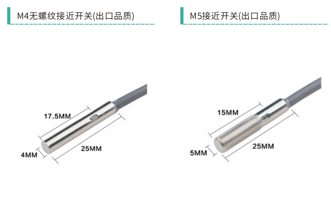 Export-grade short-body M4 (25 mm, smooth barrel) and M5 (25 mm, threaded) economy proximity switch dimensions