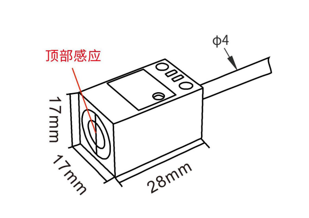 Q17 top-sensing variant drawing showing the sensing face on the 17 by 17 mm end, body 28 mm with 4 mm cable